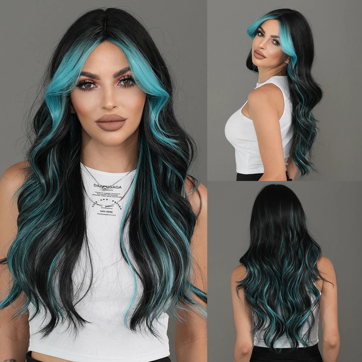 NAMM Highlight Skunk Wig Body Wave Synthetic Blue Wig for Women Daily Party Use Highlight Ash Wavy Wigs With Medium Wigs