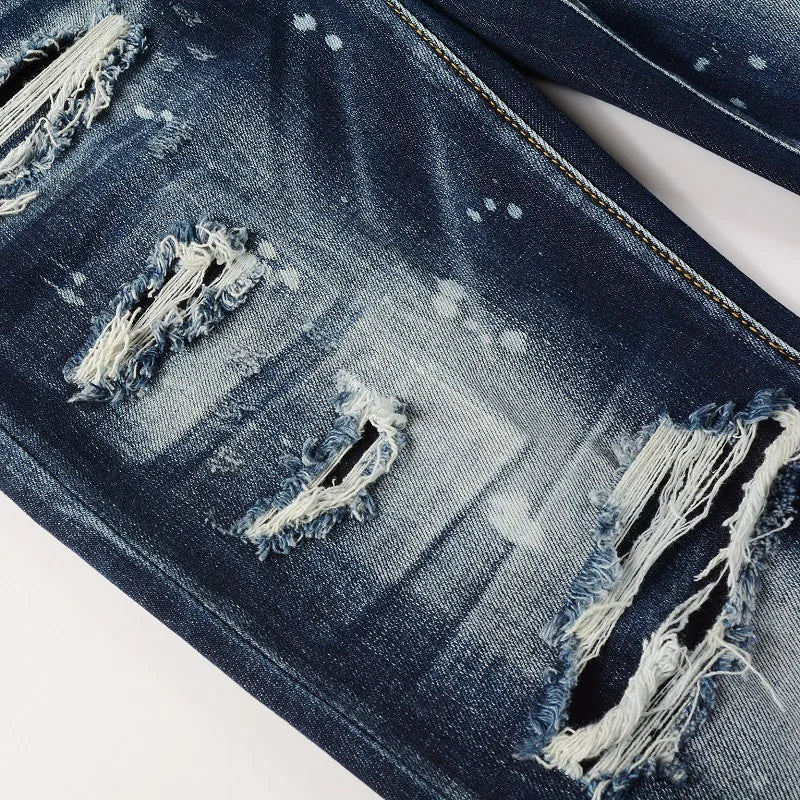 Washed and Made Old Cat Whisker Patch Ripped Elastic Slim Pants Ink Splashing Jeans for Men