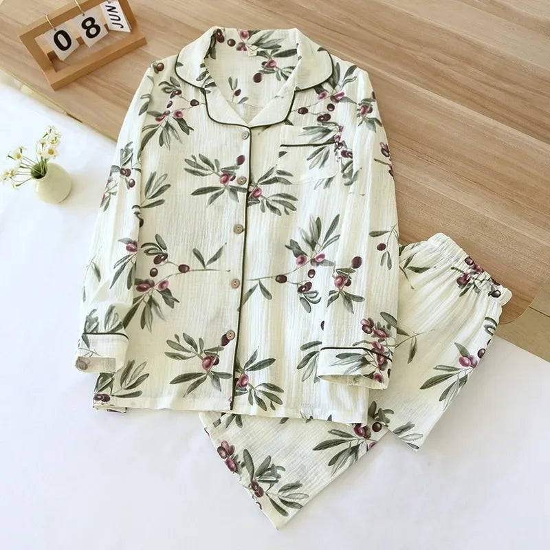 2024 Autumn Cotton Crepe Women's Pajamas Casual Soft Loose Sleepwear Long Sleeve Pants Pajama Sets Night Clothes 2-piece Set