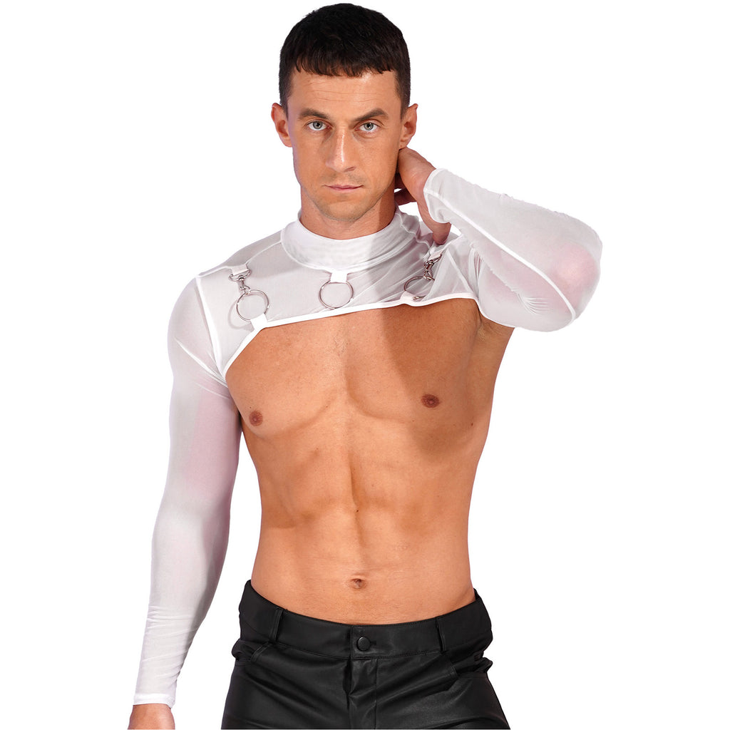 MSemis Male Mens Transparent Moto Sexy Tops Long Sleeve O-Ring Decor T-Shirt See-Through Mesh Half Crop Top Party Clubwear