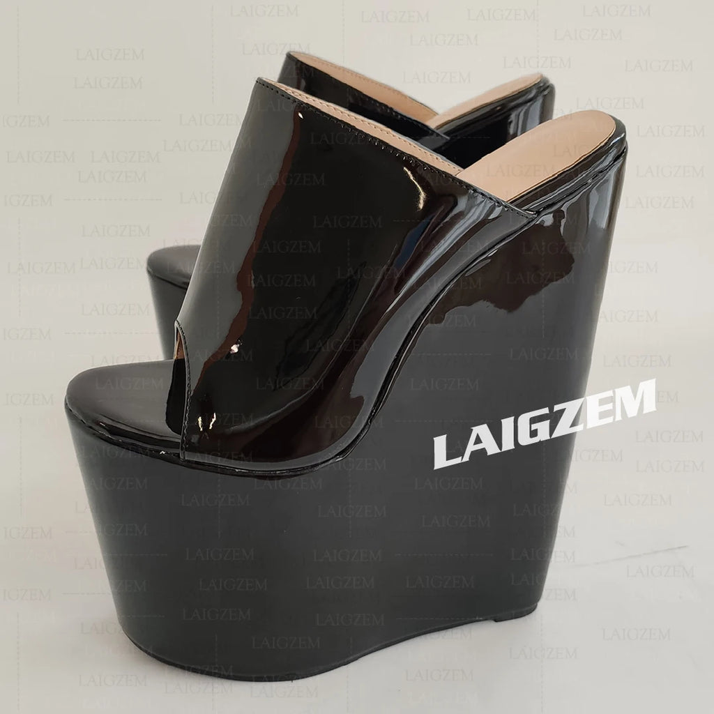 LAIGZEM Women Pumps Wedges Slip on Peep Toe 22CM High Heels Mules Party Ladies Height Increase Shoes Woman Large Size 41 44 48