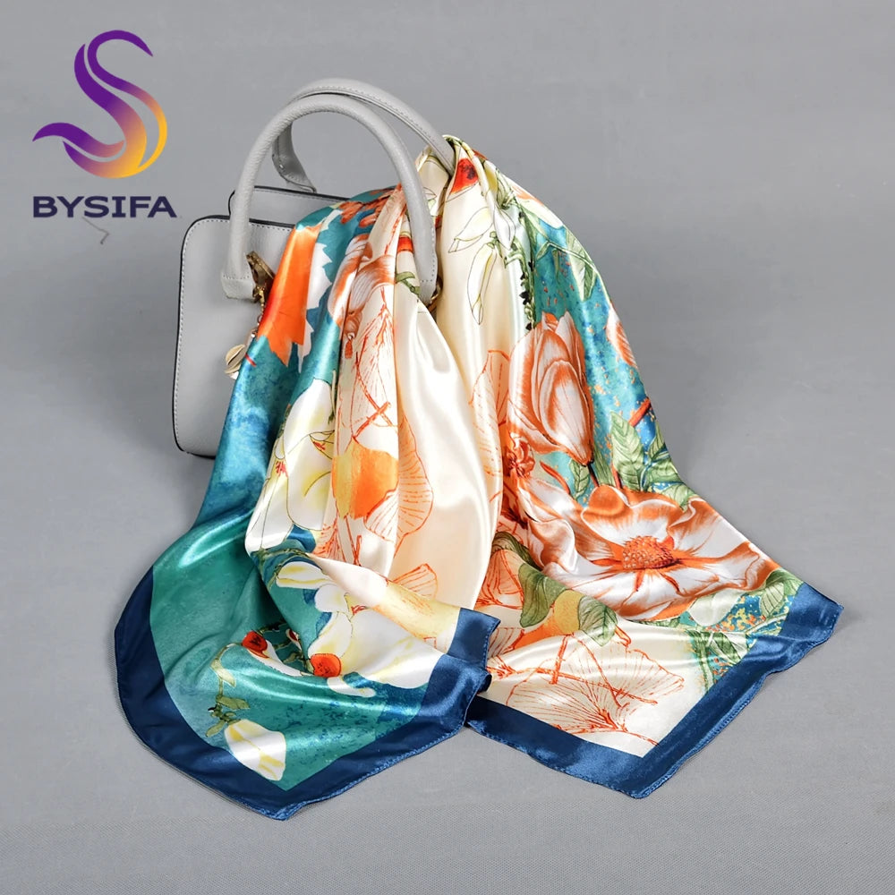 BYSIFA| Blue Pink Silk Women Scarf Spring Fashion Chinese Style Elegant Square Scarves Shawls Fouldard Fall Winter Scarves Wraps