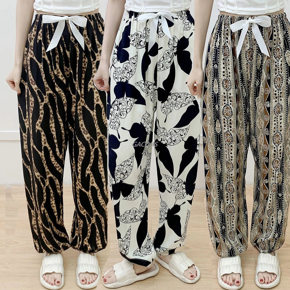 New Korean Style Pants Summer Cropped Trousers Women's Flower Home Clothes Loose Wide Leg Pants Casual Beach Outfits Sweatpants