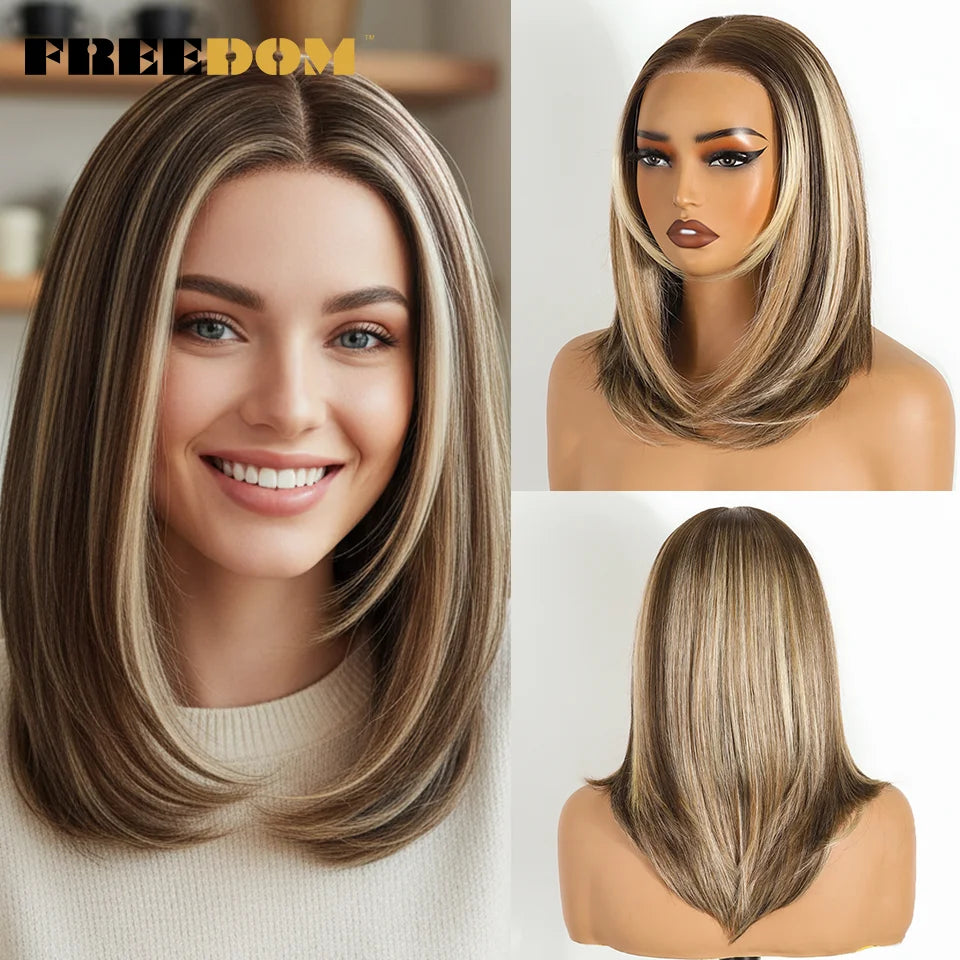 FREEDOM Layered Straight Synthetic Lace Front Wigs For Women Short Bob 6x4 Wear And Go Glueless Wig Ombre Brown Pre Plucked Wigs