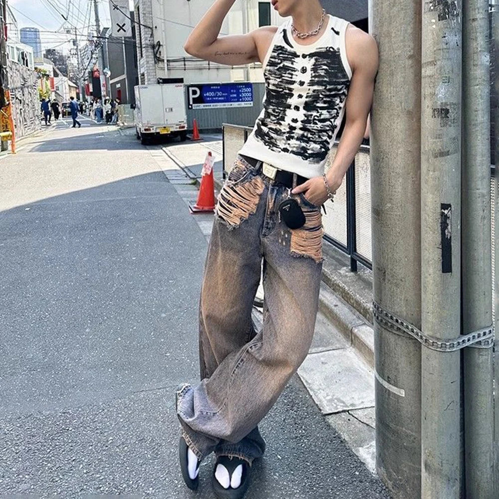 Mens Street Tie-Dye Tight-Fitting Sports Vest Genderless Sexy Fashion Youth Trendy Casual Printed Comfortable Vest Unisex