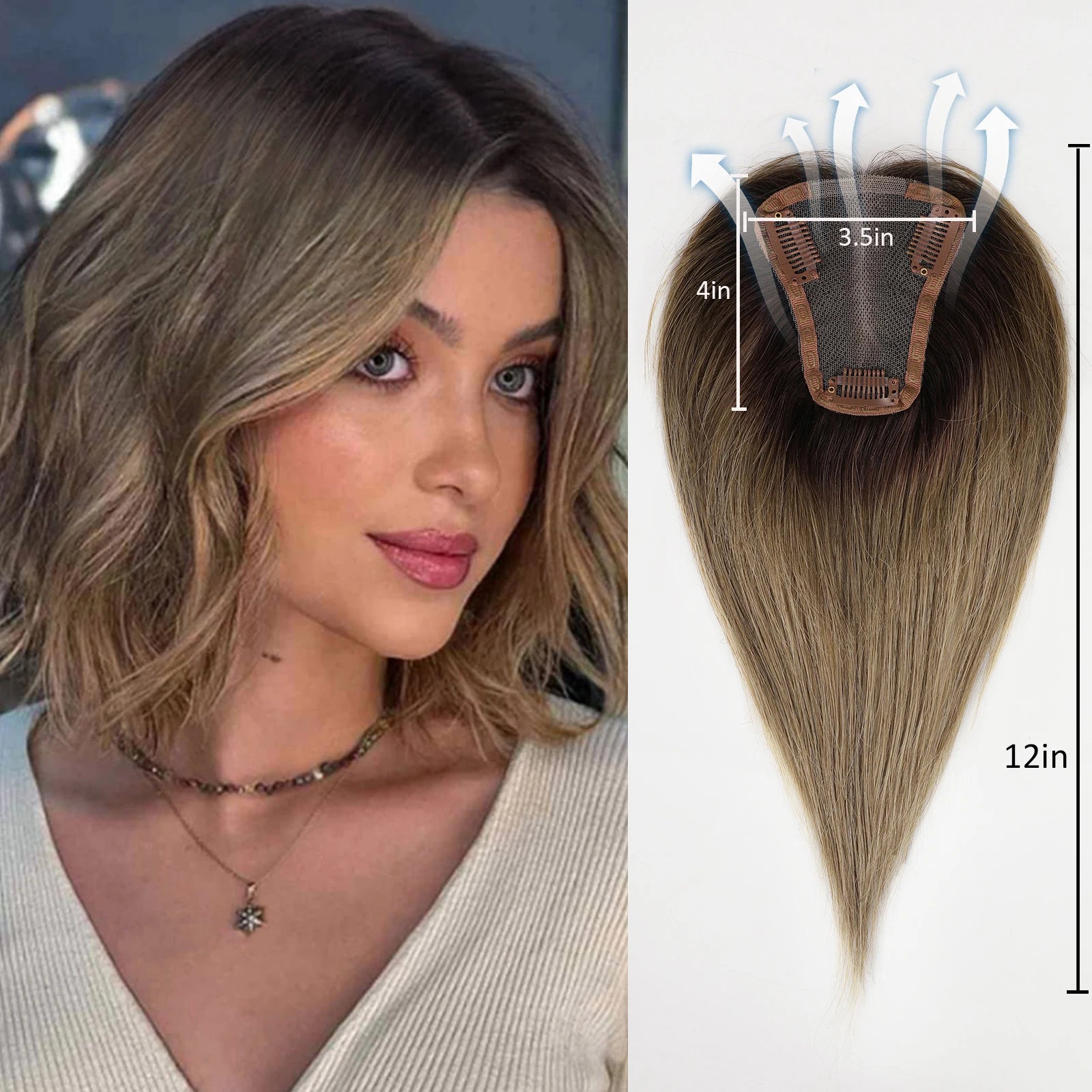 Chocolate Brown Remy Human Hair Toppers 12inches Straight Topper Lace Base Clips in Hair Human Hair Pieces Extensions for Women