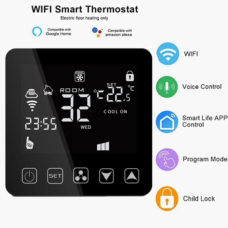 Tuya Smart Thermostat Cooling Heating 3 Speed Fan WiFi Room Thermostat for Central Air Conditioner Fan Coil Unit
