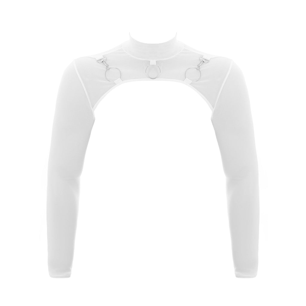 MSemis Male Mens Transparent Moto Sexy Tops Long Sleeve O-Ring Decor T-Shirt See-Through Mesh Half Crop Top Party Clubwear