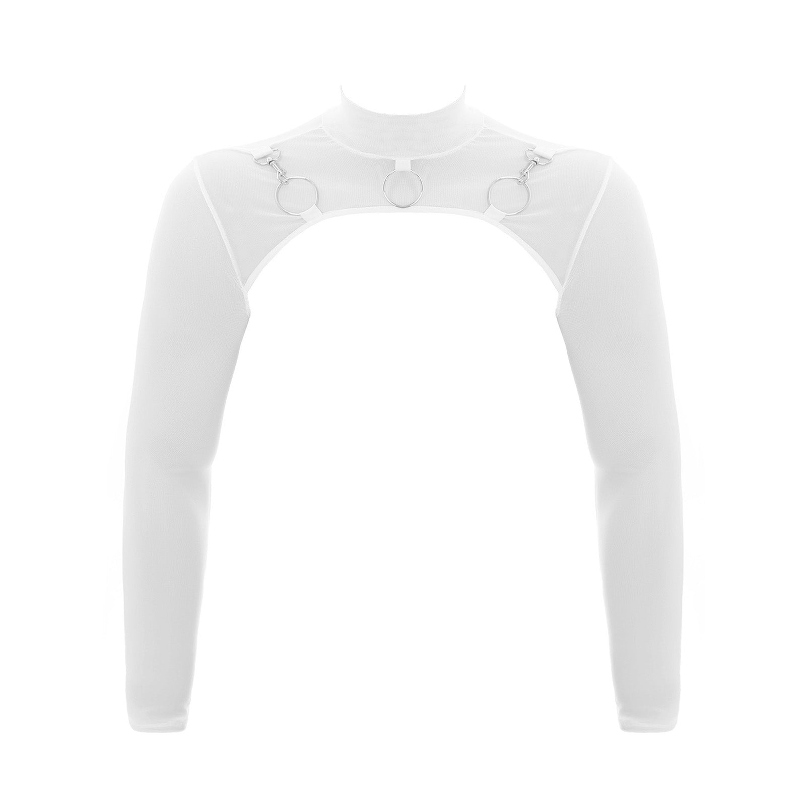 MSemis Male Mens Transparent Moto Sexy Tops Long Sleeve O-Ring Decor T-Shirt See-Through Mesh Half Crop Top Party Clubwear