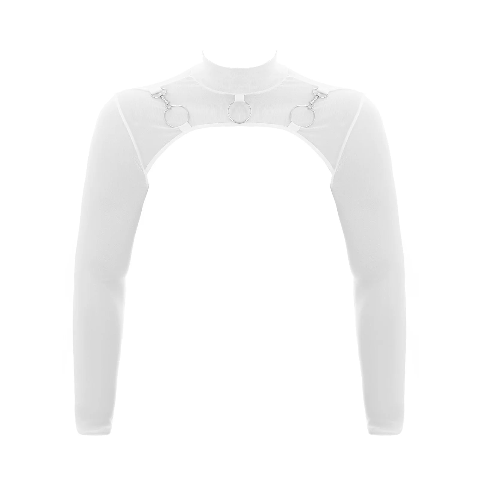 MSemis Male Mens Transparent Moto Sexy Tops Long Sleeve O-Ring Decor T-Shirt See-Through Mesh Half Crop Top Party Clubwear