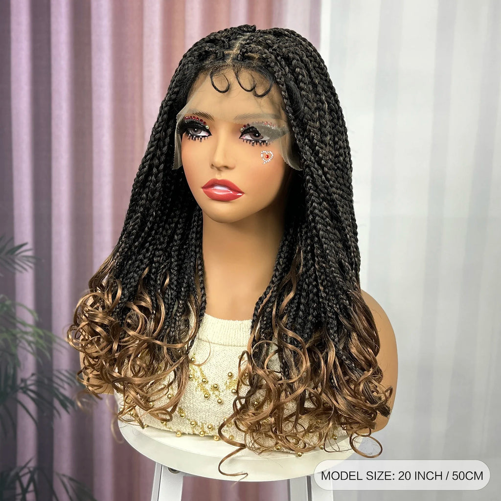 Ombre Synthetic Lace Front Square Knotless Box Braided Wig with Wavy Ends Lace Frontal Braids Wig with Baby Hair for Black Women