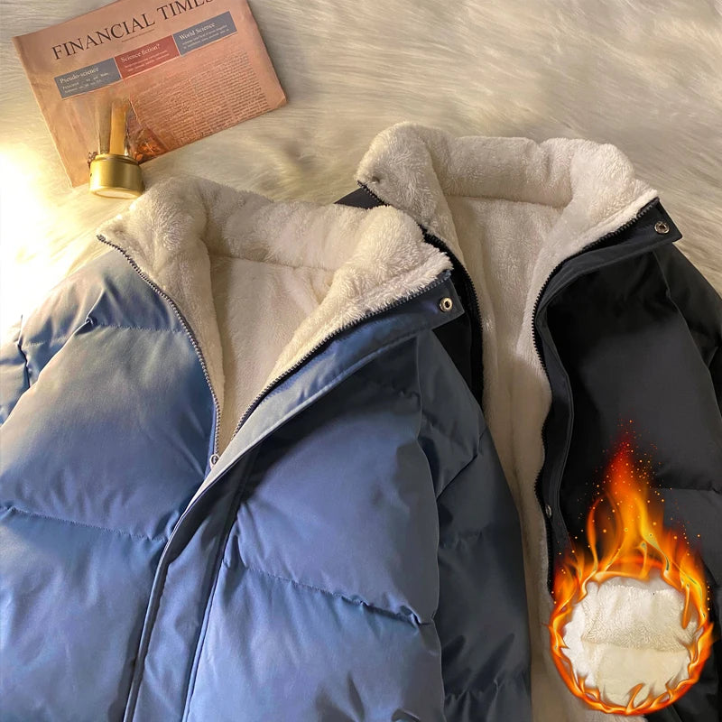 Warm Fleece Winter Lined Puffer Jackets Men Thick Parkas Casual Man Padded Down Outwear Zipper Long Sleeve Outdoor Couple Coat