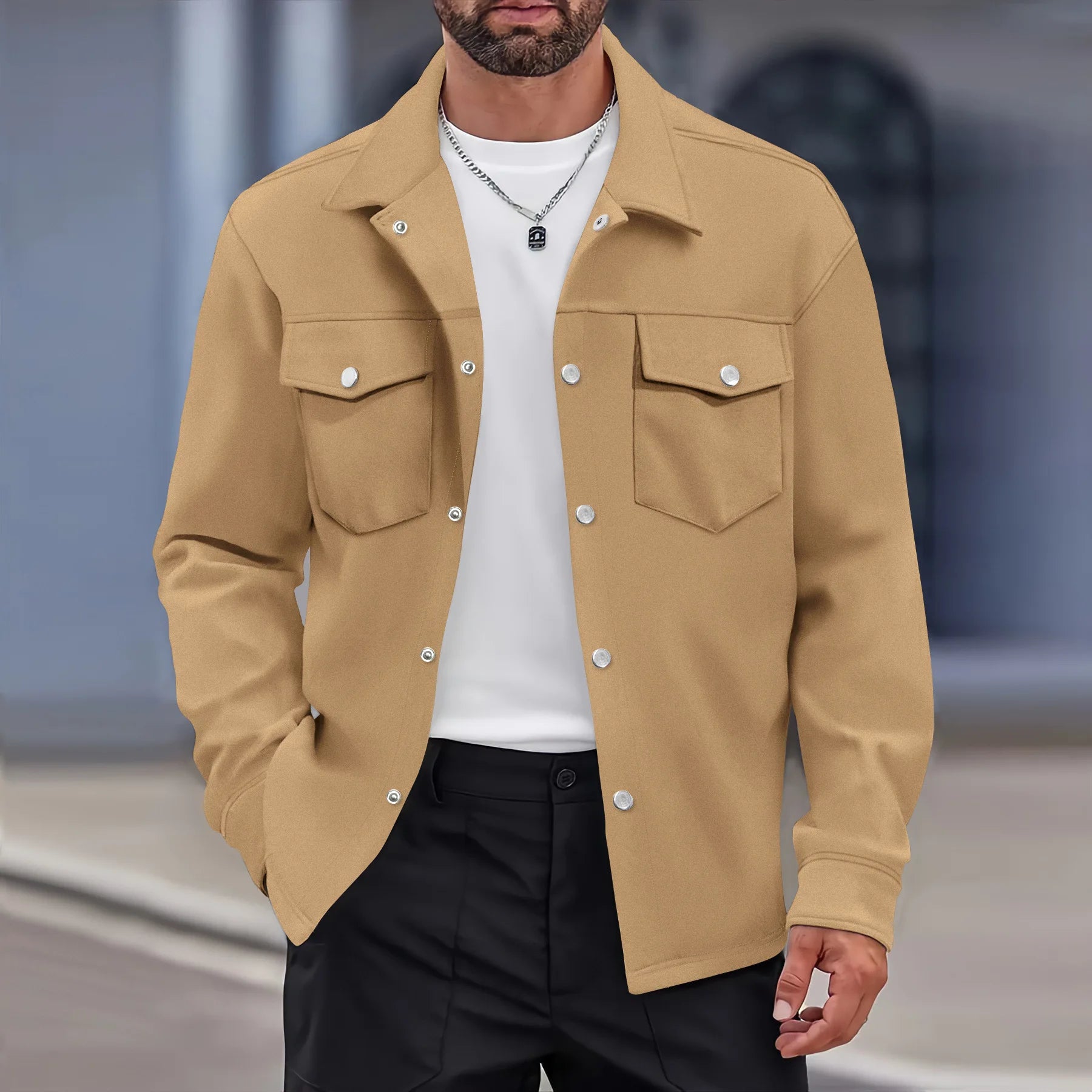 Autumn and winter men's business casual lapel single breasted solid color top fashion slim double pocket long sleeve thick jacke