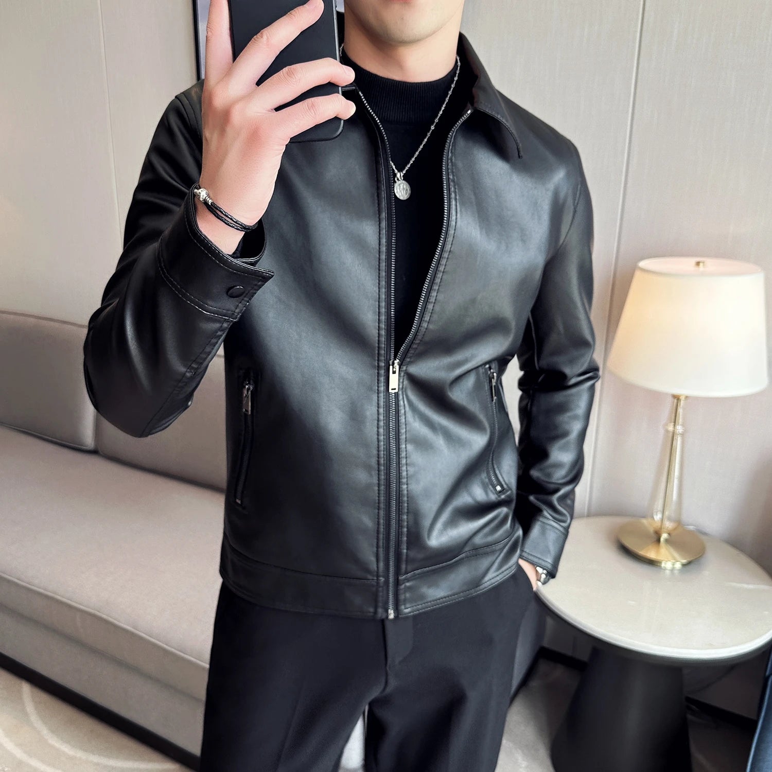 Mens Biker Clothes Slim Fit Casual Leather Jackets Trendy Mens Jackets Fashion Brand Vintage Leather Coats Men's Motorcycle Coat