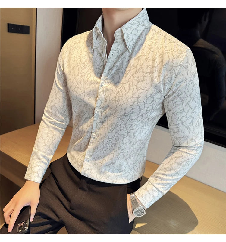 Men Dress Shirt 2024 Solid Casual Long Sleeve Slim Fit Print Shirt Fashion Formal Social Banquet Tuxedo Wedding Men Clothing
