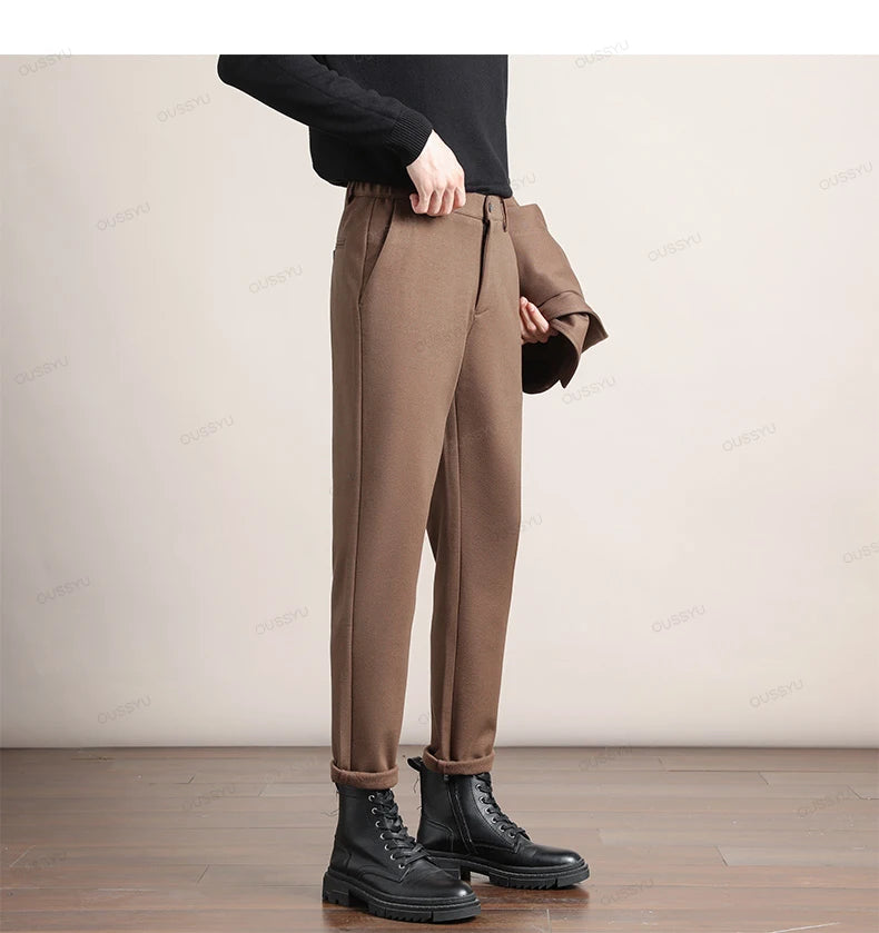 Brand Clothing Autumn Winter Luxury Suit Pants Men Thick Business Elastic Waist Woolen Ankle Pant Korean Formal Long Trousers