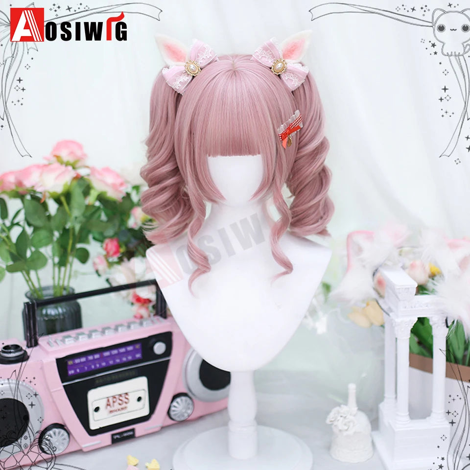 AOSI Synthetic Long Curly Wig Double Ponytail Cute Lolita Women Wigs Halloween Cosplay Style Blonde Brown Party Wig