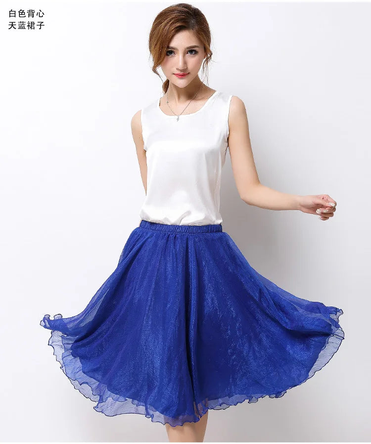 Summer Women Silk Tutu Skirts Chiffon Pleated Dance Beach Wedding Party Skirt Black White Elastic High Waist Midi Skirts