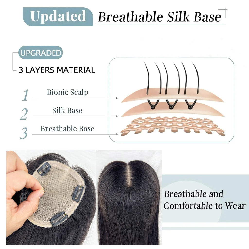 11x13cm Dark Brown Human Hair Topper Silk Base Hand Tied Silk Top Toupee Breathable Remy Hair Piece with Clips in for Women
