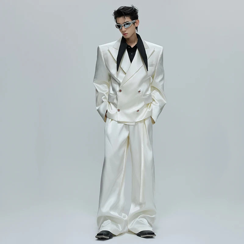 FEWQ Niche Design Men's Suit Sets Lapel Double Breatsed Silhouette Glossy Blazers Wide Leg Belt Chc Button Male Trousers 24K6098