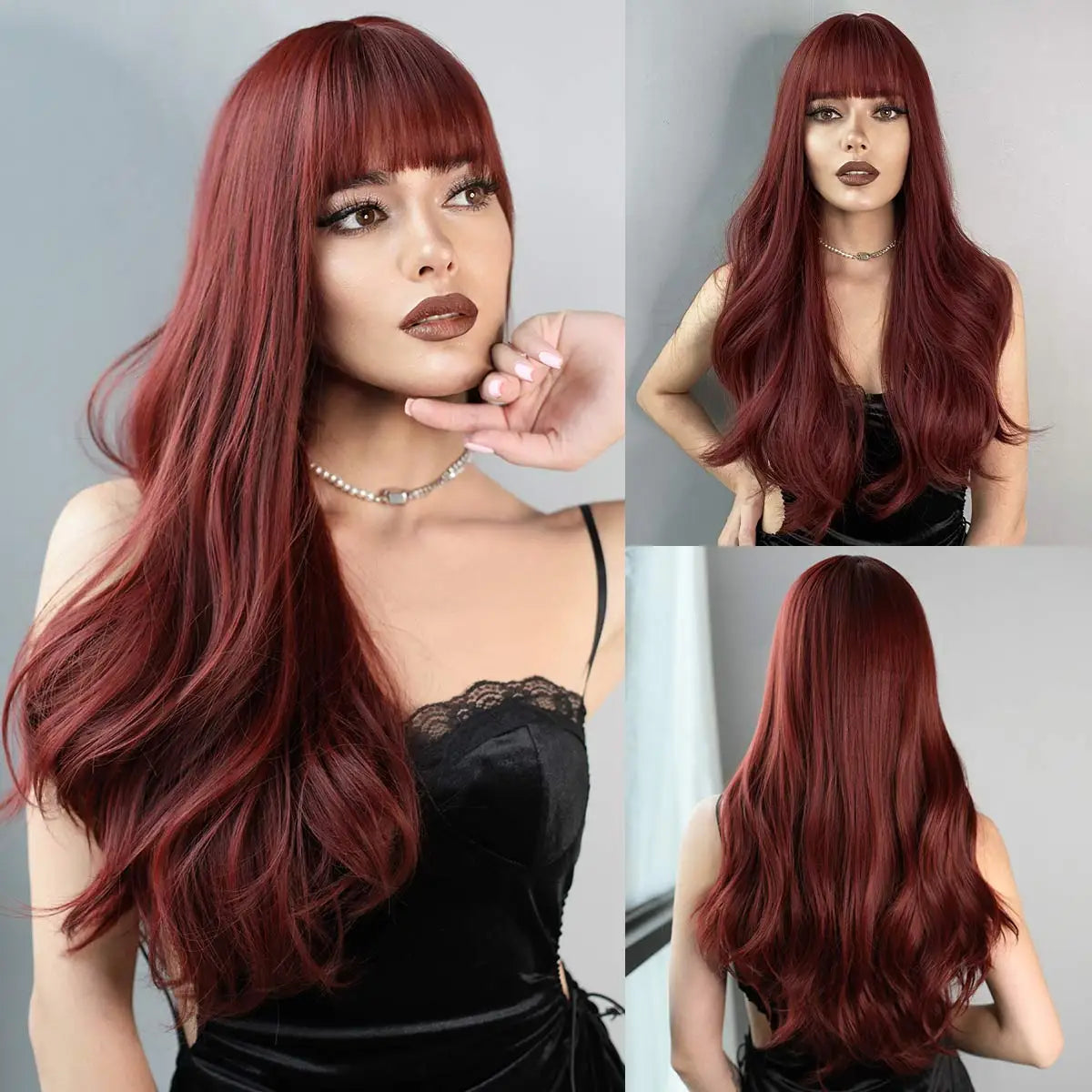NAMM Long Wavy Ombre Black To Red Wig for Women Daily Cosplay Party Synthetic Lavender Hair Wig with Fluffy Bangs Heat Resistant