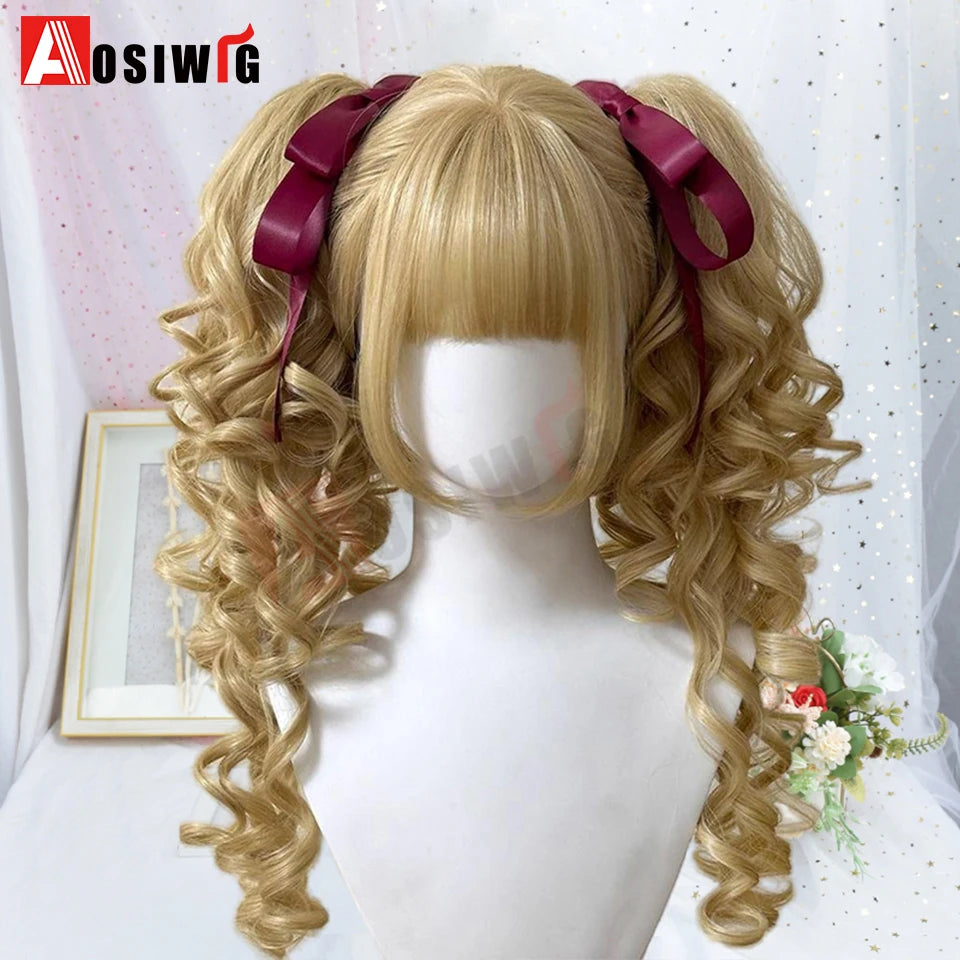 AOSI Synthetic Long Curly Wig Double Ponytail Cute Lolita Women Wigs Halloween Cosplay Style Blonde Brown Party Wig