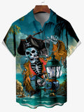 Men's Hawaiian Skeleton Pirate Captain Storm Sailing Cartoon Print Shirt Short Sleeve Shirt Summer Loose Beach Shirts For Boy