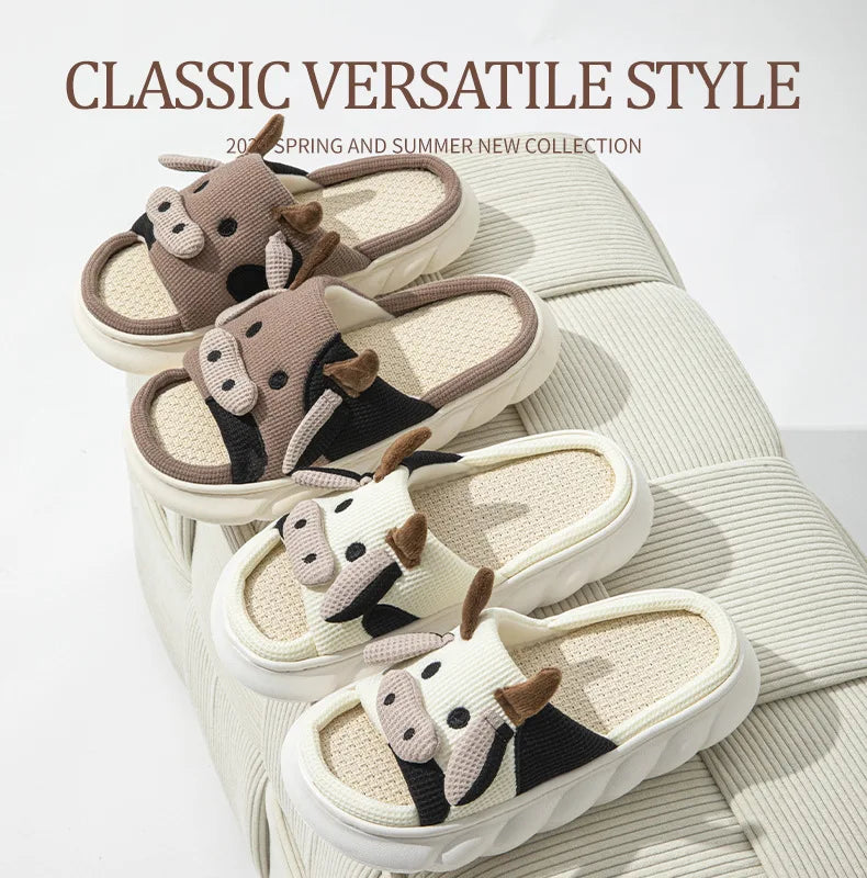 Gacimy Women's Cartoon Linen Slippers Comfortable Soft Thick Sole Indoor House Slippers Summer New Breathable Cute Linen Slides