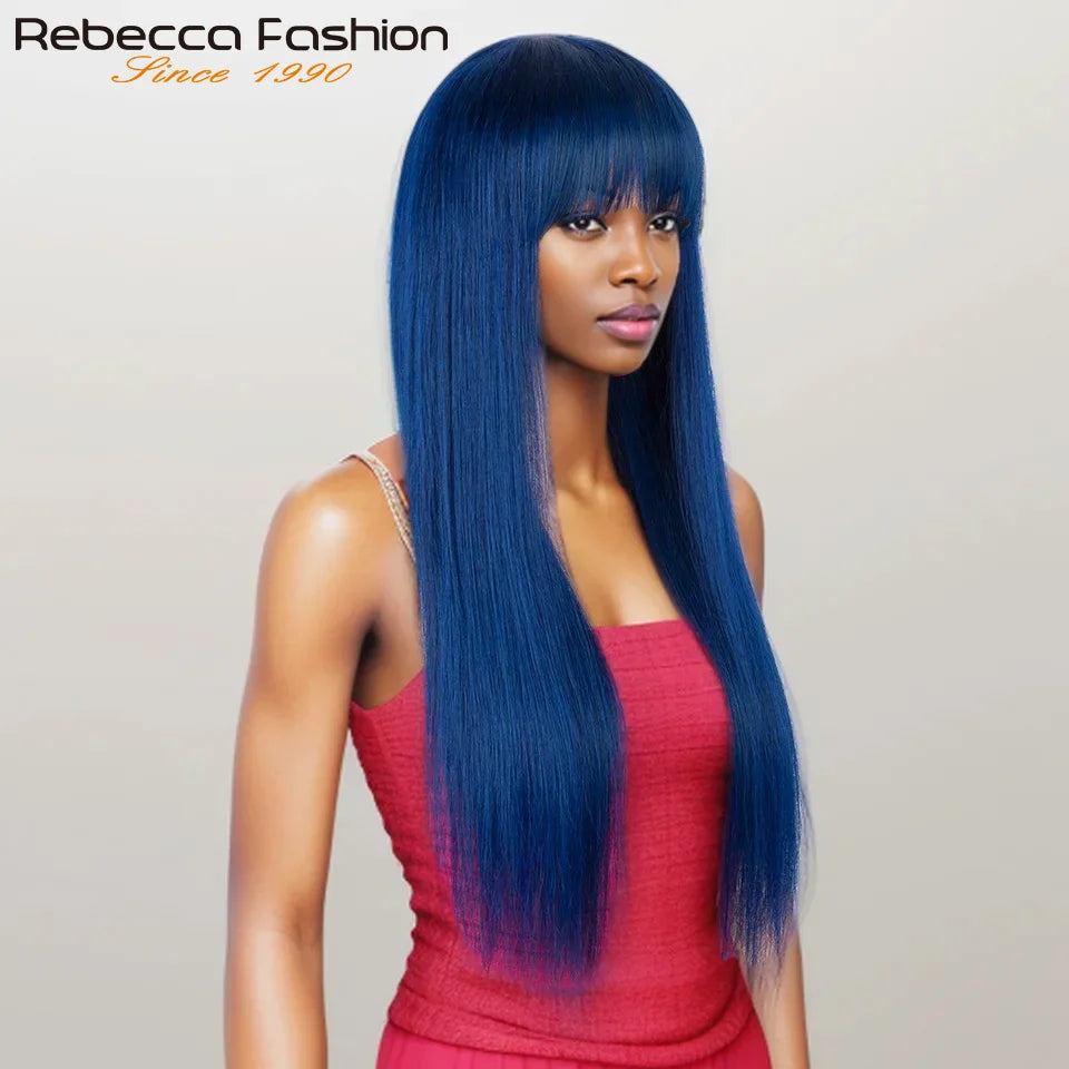 Brazilian Straight Human Hair Wig With Bangs Royal Blue Wear To Go Glueless 100% Remy Human Hair Wigs Full Machine Wig For Women
