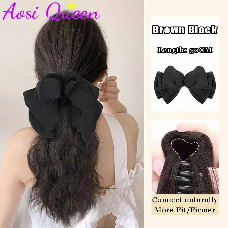 AOSI Synthetic Bow Wig Ponytail Female Clamping Style Long Straight Hair High Ponytail Long Hair Braided Straight Ponytail