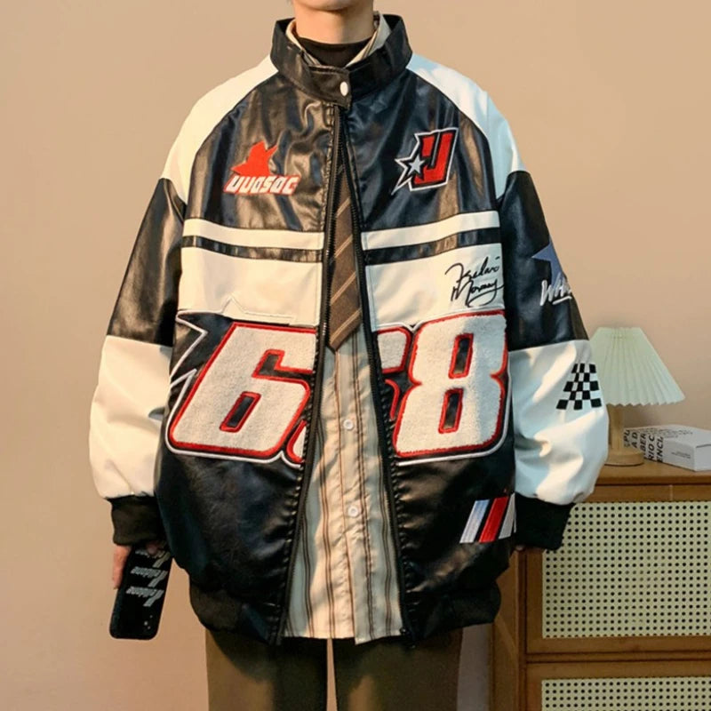 Gmiixder American Hip-hop Racing Coat Motorcycle Leather Jacket Men's Flocked Embroidery Loose Casual Windproof Punk Vibe Jacket