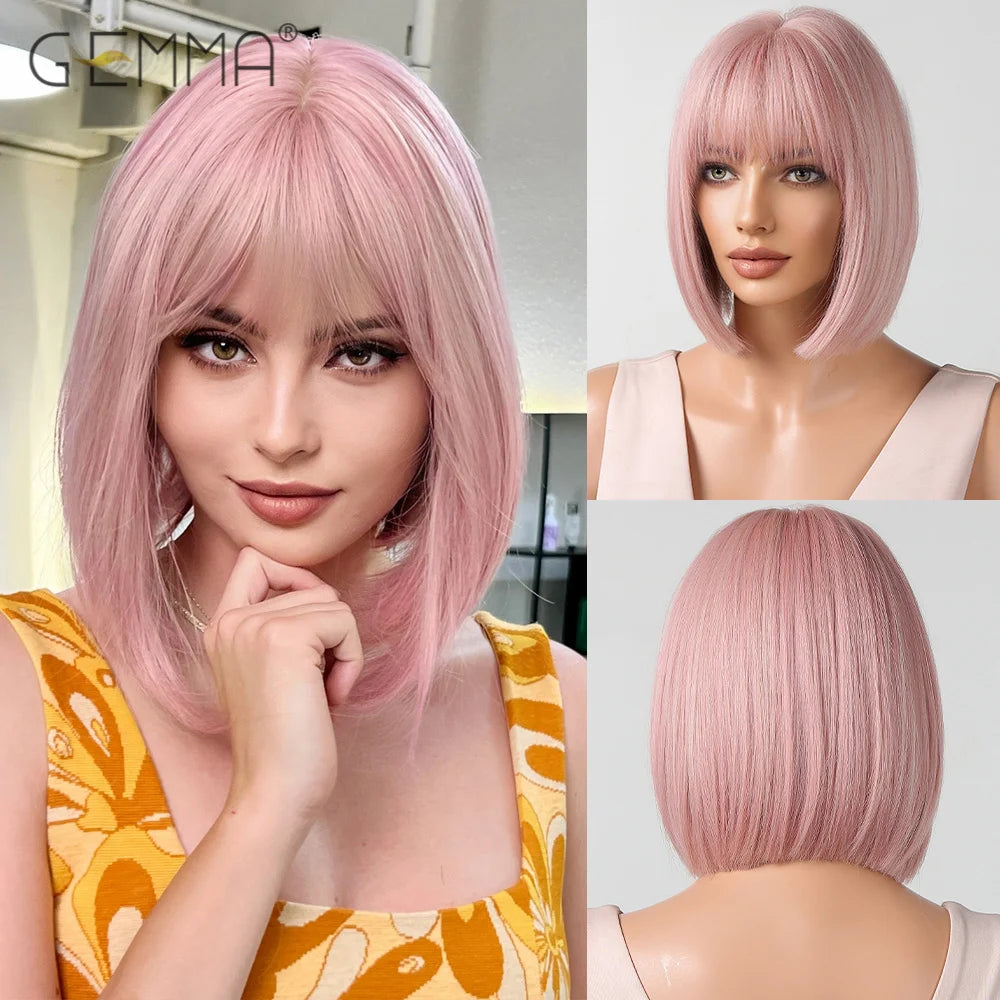 GEMMA Dark Brown Bob Synthetic Natural Hair Wig with Fluffy Bangs for Women Short Straight Wigs Heat Resistant Daily Cosplay Wig