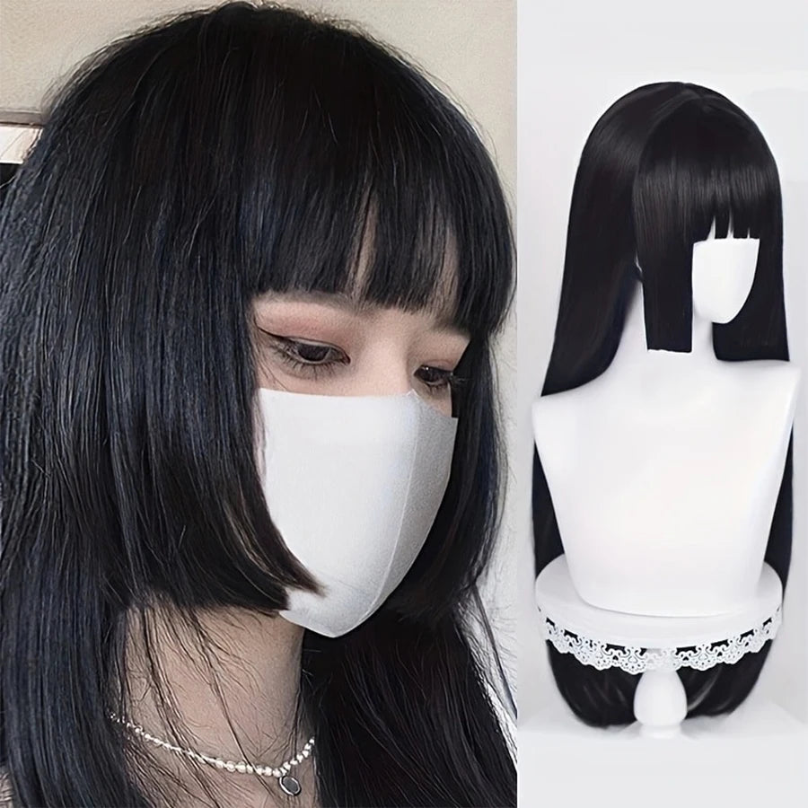 Natural Long Straight Synthetic Black Wig With Bangs Lolita Cosplay Hair Wigs For Women Heat Resistant Fiber Daily Party Wig