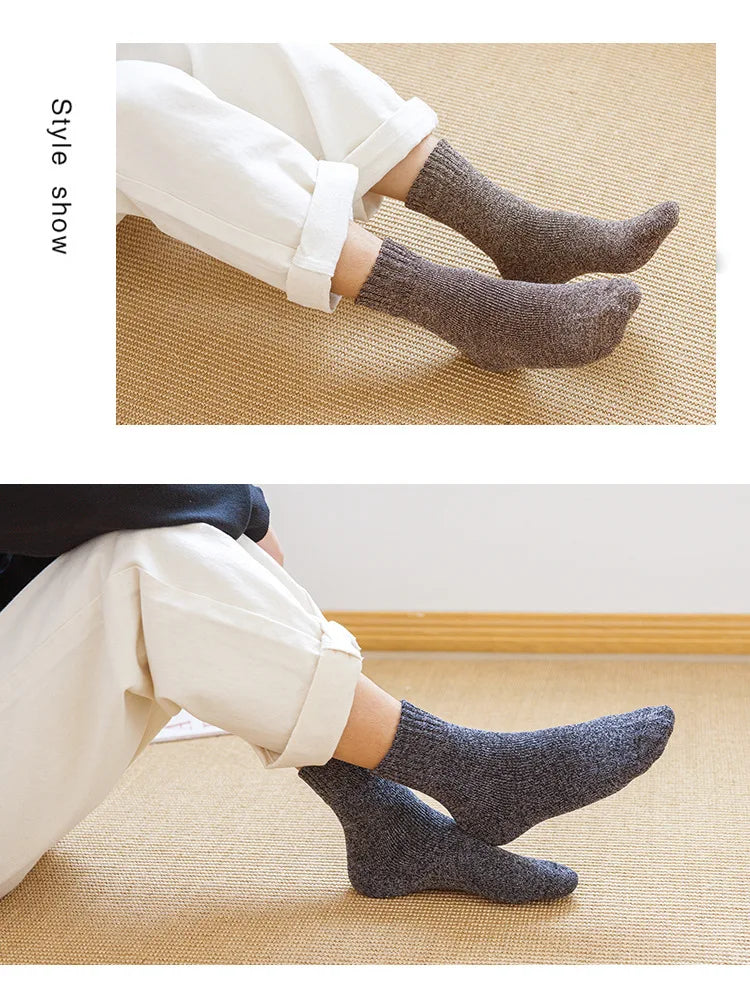 5 Pairs Winter Socks Men's Wool Warm Socks Thick Towel Mid-Calf Anti-Cold Snow Boots Socks Retro Solid Color Merino Terry Socks