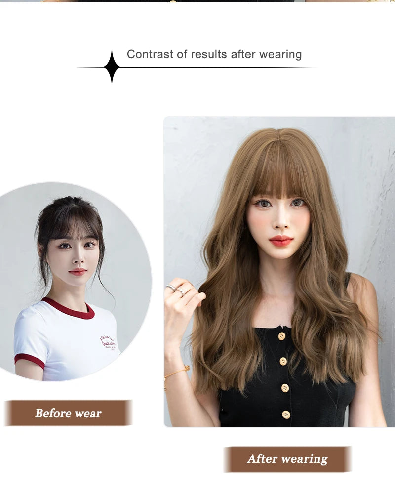 7JHH WIGS Body Wavy Wig Long Loose Curly Brown Wig for Women Daily Use High Density Synthetic Layered Hair Wigs with Bangs