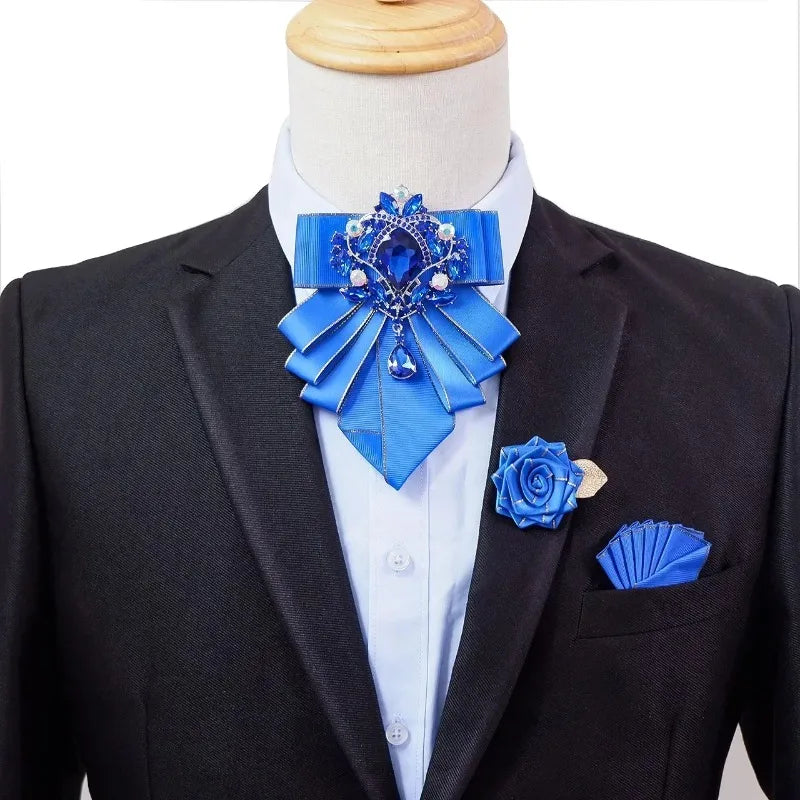 Vintage British Banquet Suit Shirt Collar Flowers Luxury French Men's Jewelry Bow Chest Clip 3-piece Set Wedding Bows Brooch Set