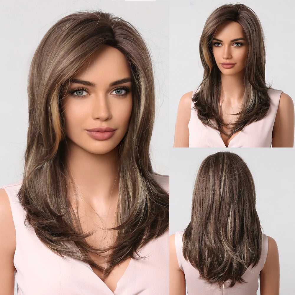 ALAN EATON Long Straight Layered Synthetic Wigs with Bangs Blonde Highlights on Brown Wigs for Black Women Afro Daily Party Hair