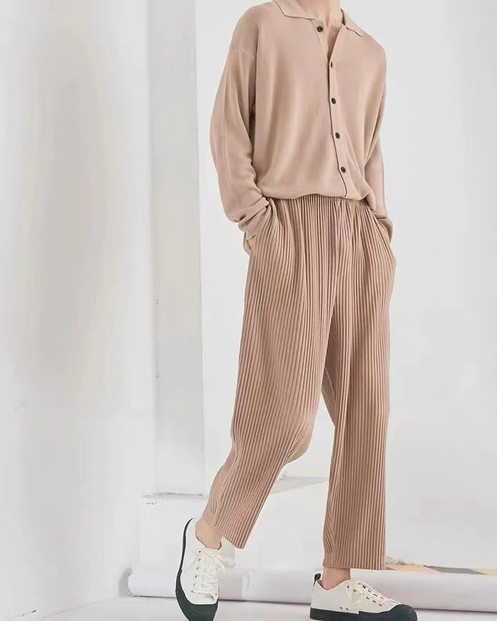 Pleats Pleated Commuter Pants Men's 2024 Autumn New Draped Elastic Trousers Casual Japanese Men Solid Color Nine Minute Pants