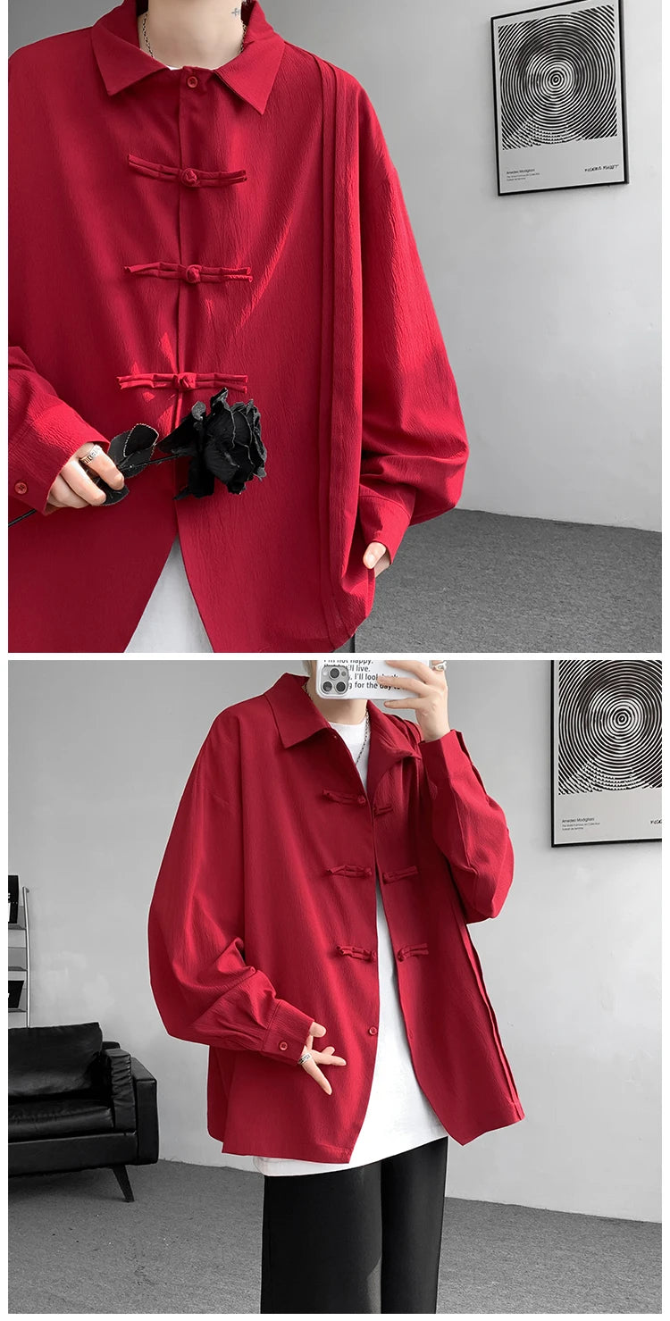 Men's Dial Buckle Solid Long Sleeve Shirt Chic Pleated Decor 2024 Spring New Loose Casual Traditional Chinese Style Clothing