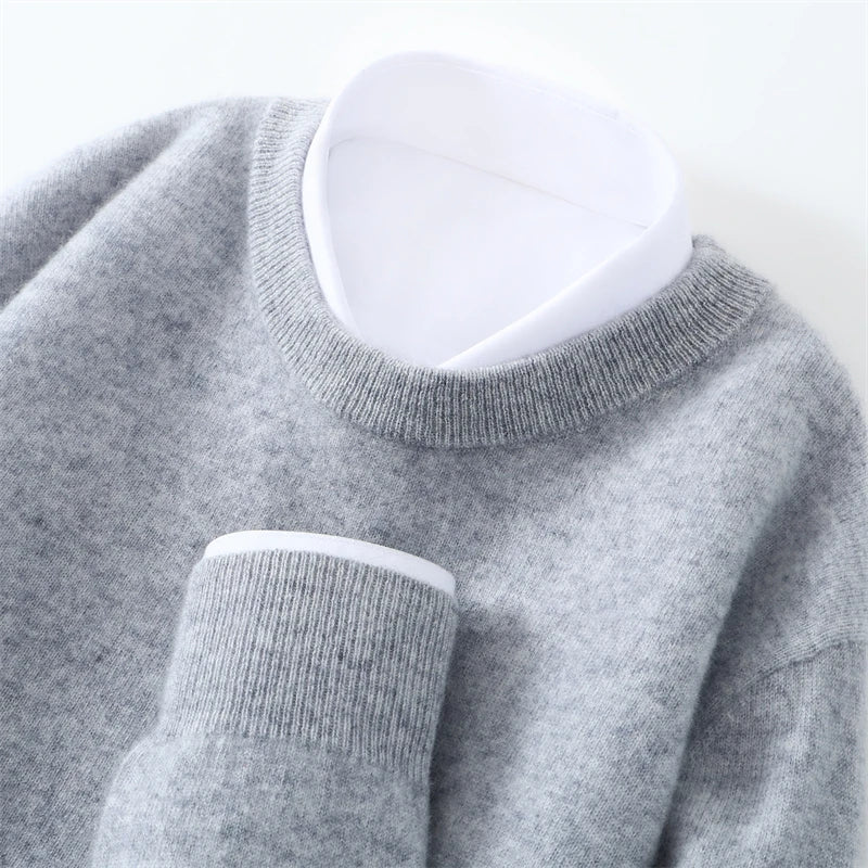 Autumn/Winter Men's 100% Pure Cashmere Pullover Business Casual Solid Knitted Sweater Loose Round Neck Tops Thick Warm Jumper