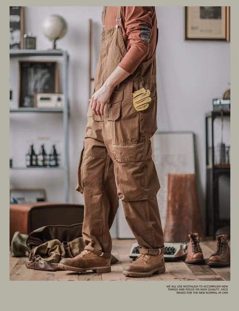 Retro American Cotton Overalls Loose Jumpsuit Men's Cargo Pants Men Suspenders Bibs Four Seasons Full Length Baggy Pants