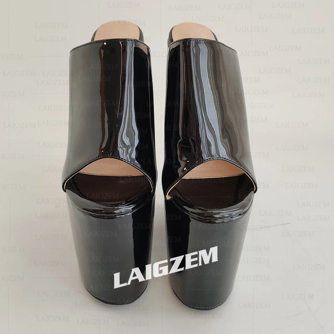 LAIGZEM Women Pumps Wedges Slip on Peep Toe 22CM High Heels Mules Party Ladies Height Increase Shoes Woman Large Size 41 44 48