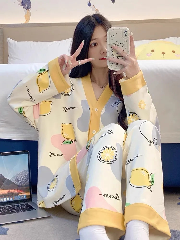 Y2k Women's 100% POLYESTER Pajamas with Cartoon Print Korean Fresh Ins Style Harajuku Lounges 2pcs 2024 New Spring/fall Homewear