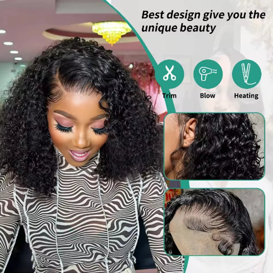 250 Density Glueless Kinky Curly Bob Wig Lace Frontal High Quality Wear And Go 100% Human Hair Wigs Pre Plucked 13X6 Deep Water