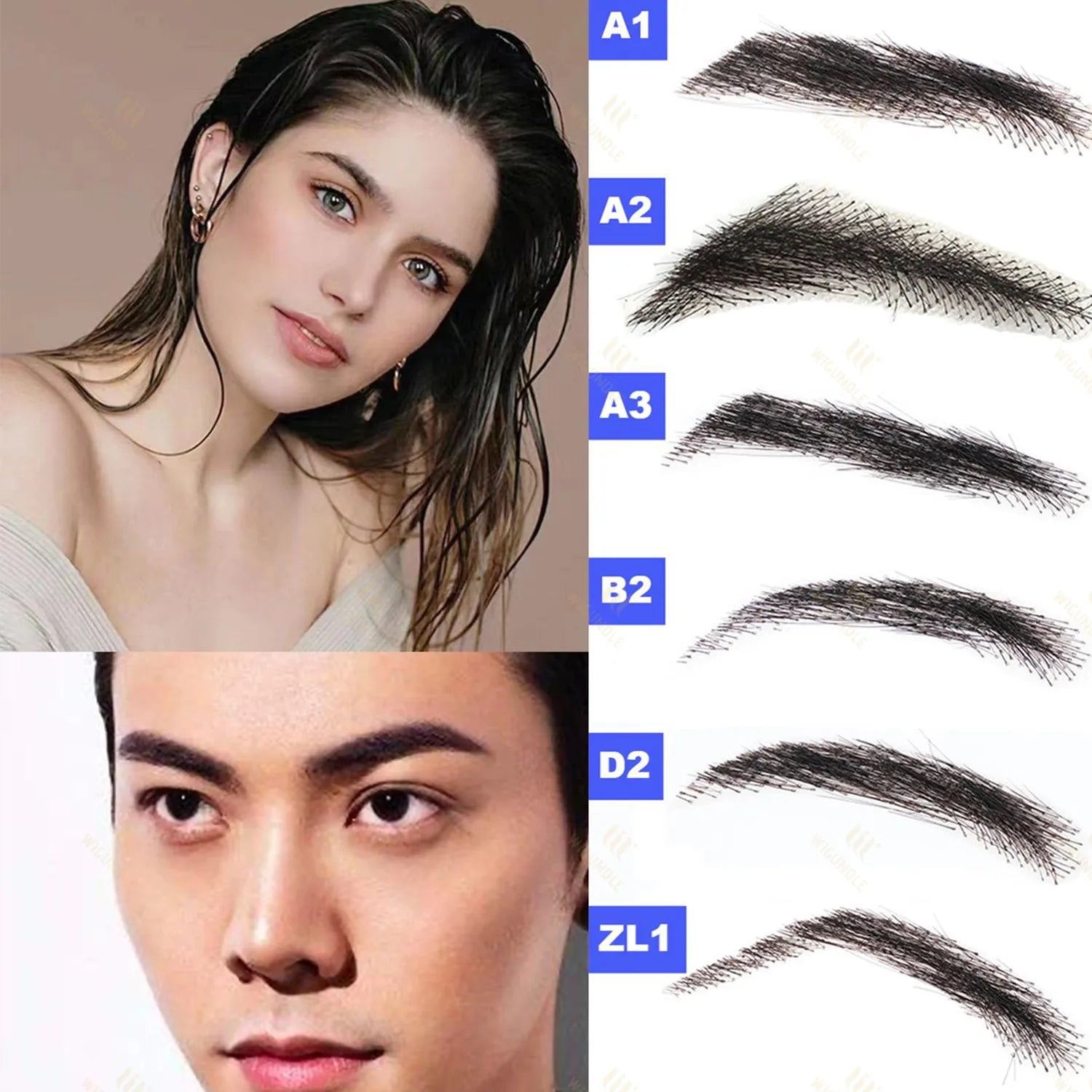 6 New Styles Invisible Natural Black Fake Eyebrows For Adult Males and Females 100% Human Hair Handtied Lace Base Natural Growth