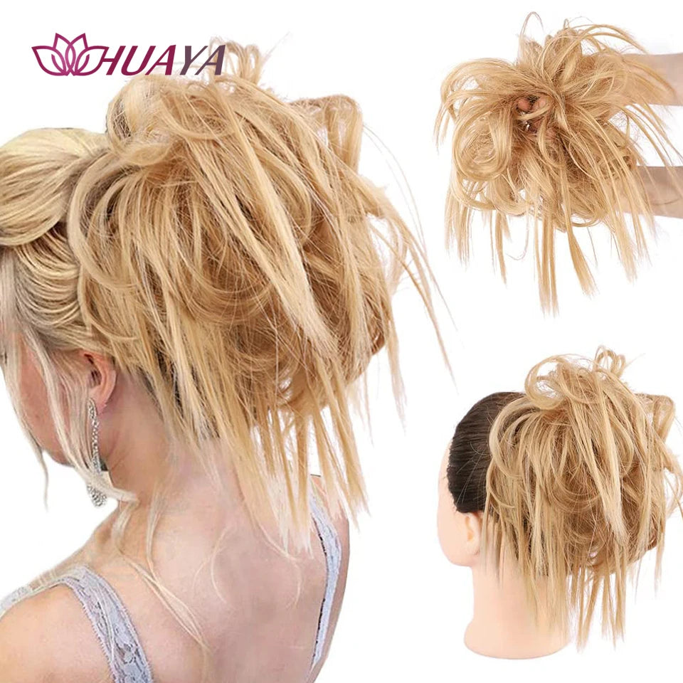 HUAYA Synthetic Chignon Donut Messy Hair Bun Hairpiece Elastic Hair Scrunchies Fake Hair Pieces For Women Black Brown Gold