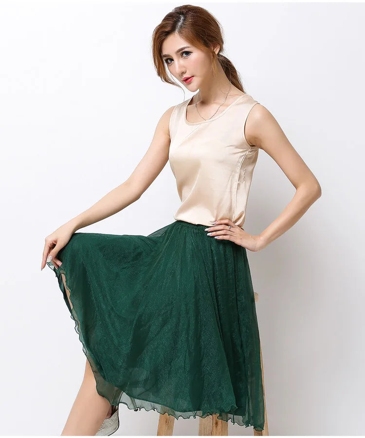 Summer Women Silk Tutu Skirts Chiffon Pleated Dance Beach Wedding Party Skirt Black White Elastic High Waist Midi Skirts
