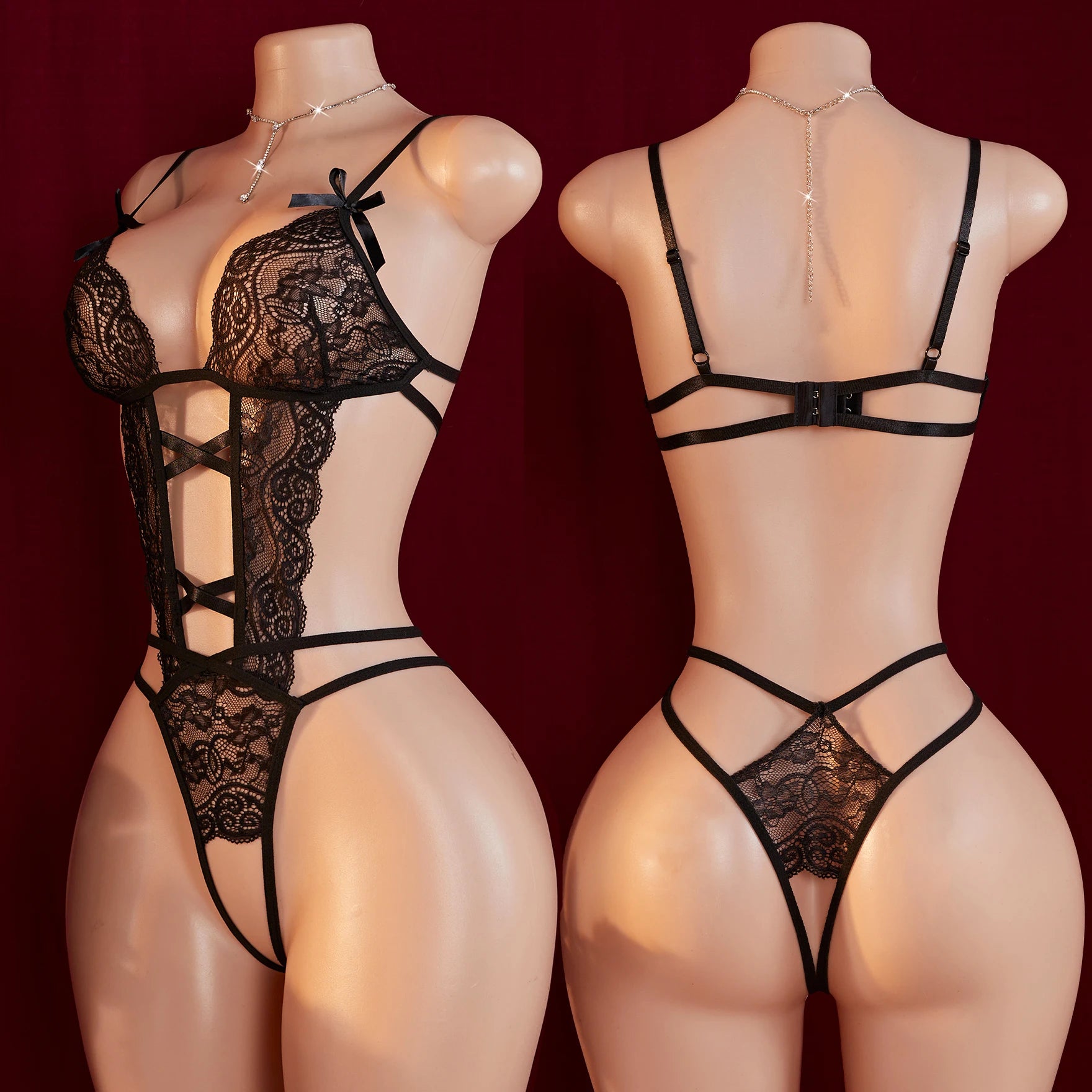 Hot Sexy Crotchless Lingerie Set Combination Women Lace Hollow Bodysuit Teddy Babydoll Dress Deep V Open Bra Erotic Underwear