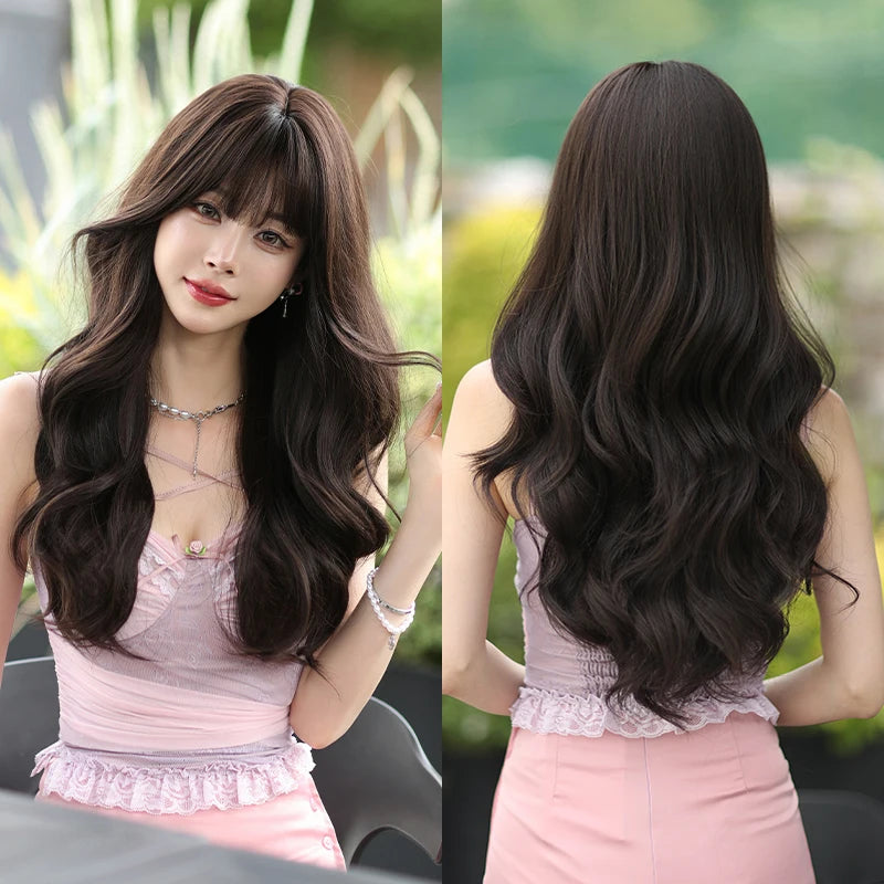 7JHH WIGS Body Wavy Wig Long Loose Curly Brown Wig for Women Daily Use High Density Synthetic Layered Hair Wigs with Bangs