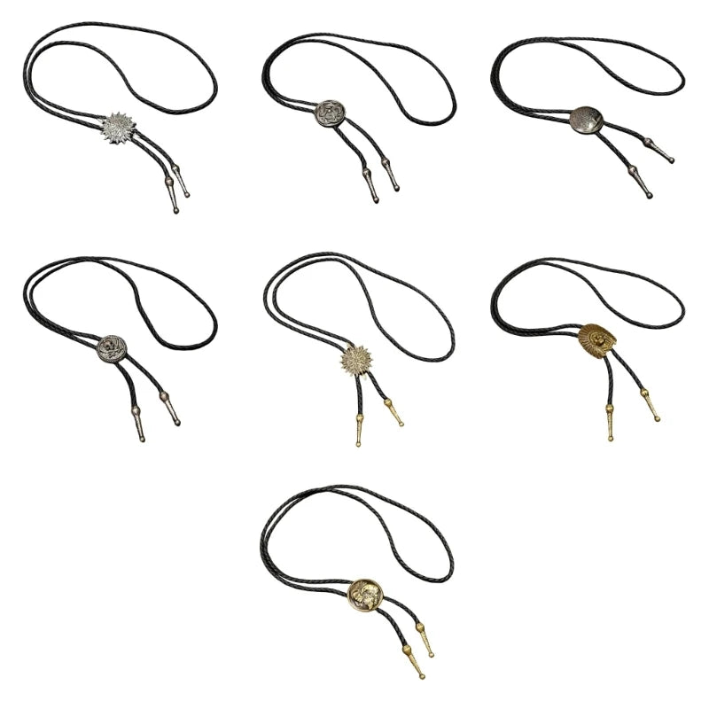 Unisex Metal Pendant Bolo Tie Western Leather Cord Adjustable Necktie Necklace